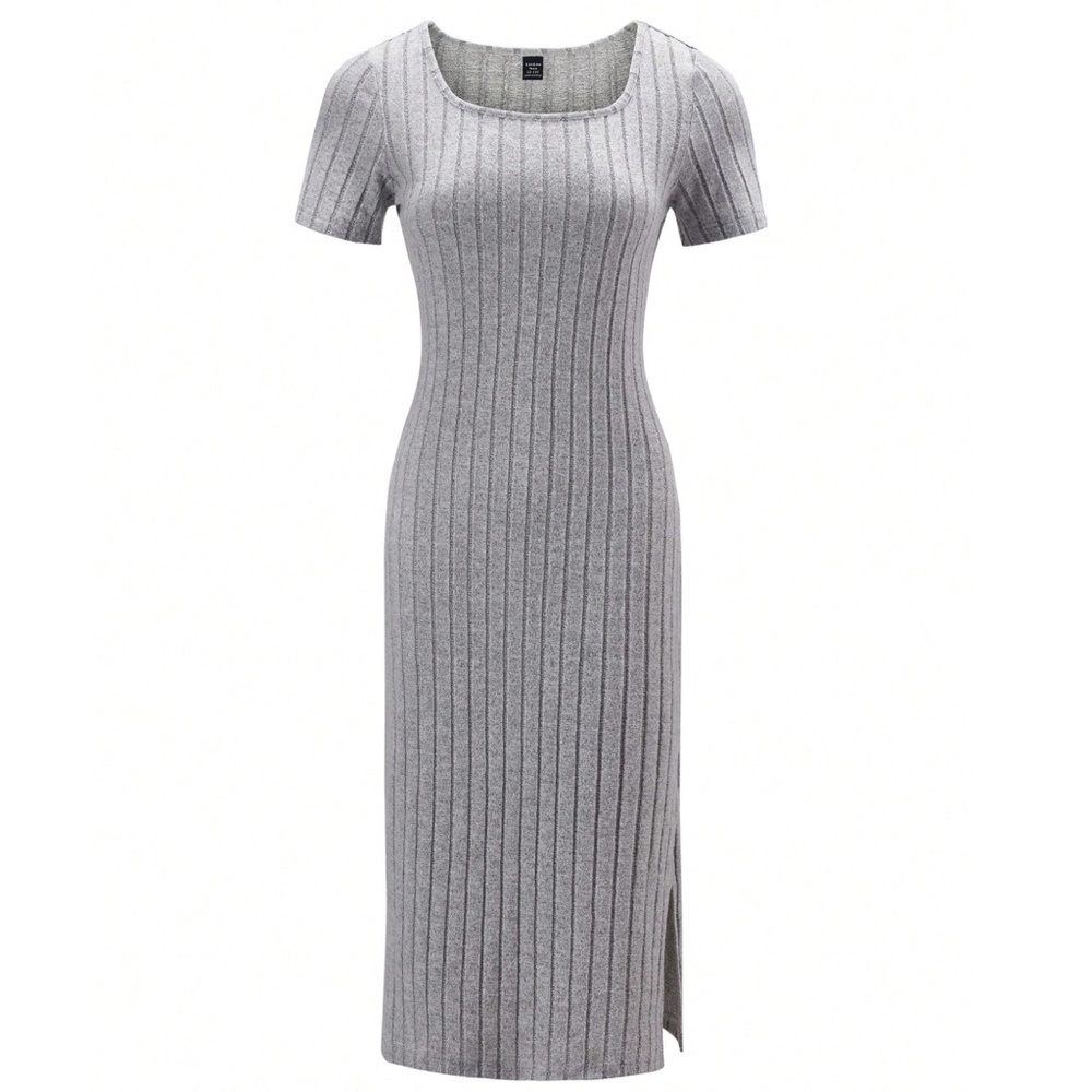 SHEIN Light Grey Stretchy Knit Bodycon Dress with Side Slit/ Large
